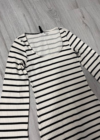 Çizgili Uzun Kollu Midi Kadın Elbise - Görsel 2