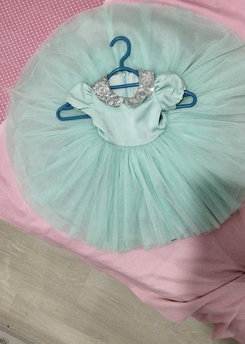 Kız Çocuk Turkuaz Kısa Kollu Tül Elbise - Görsel 3