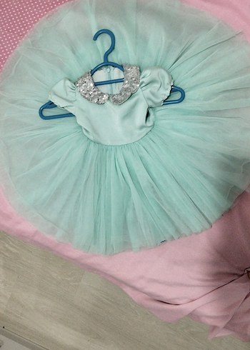 Kız Çocuk Turkuaz Kısa Kollu Tül Elbise - Görsel 4