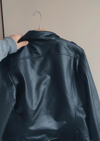 Fermuarlı Siyah Deri Biker Ceket - Görsel 2