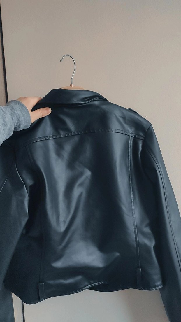 Fermuarlı Siyah Deri Biker Ceket - Görsel 2