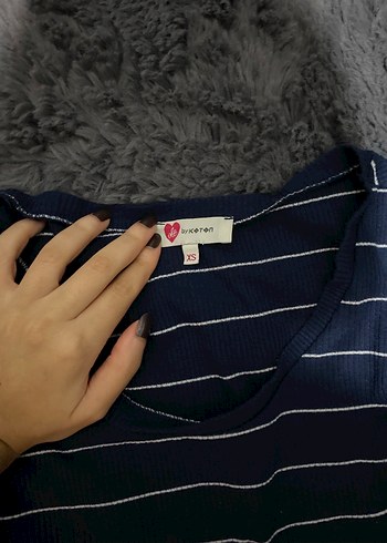 Mavi Çizgili Kısa Kollu Kadın Tişört - Görsel 2