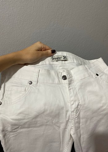 Düğmeli Beyaz Kadın Pamuk Pantolon - Görsel 2
