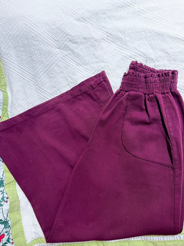 Bordo Pilili Keten Midi Kadın Pantolon - Görsel 2