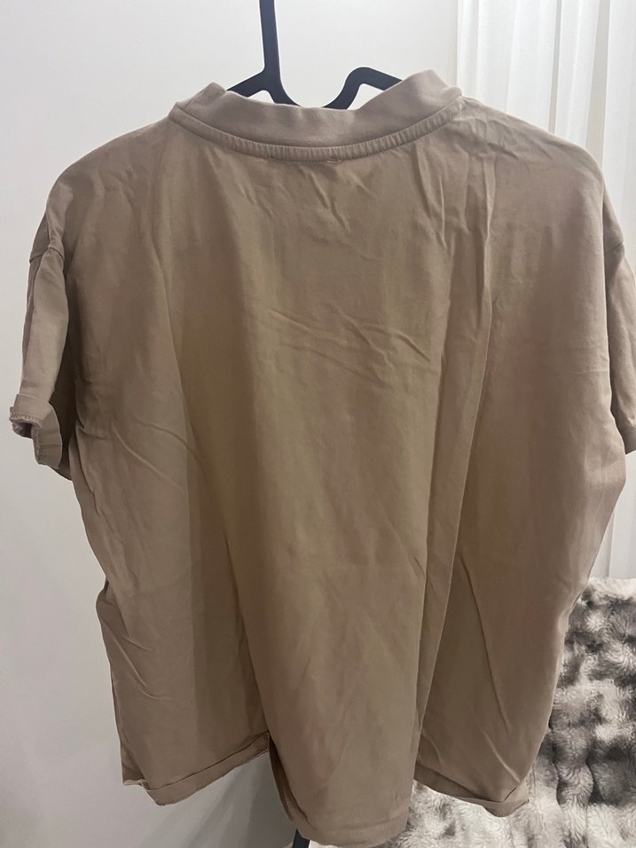 Bej Kadın Keten Tişört, Kısa Kollu - Görsel 2