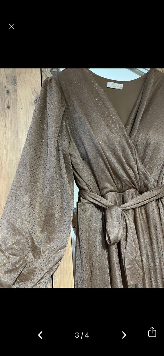 Bej Uzun Kollu V Yaka Drapeli abiye - Görsel 2