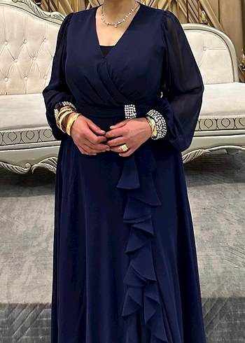 Lacivert Uzun Kollu Drapeli Abiye Elbise - Görsel 2