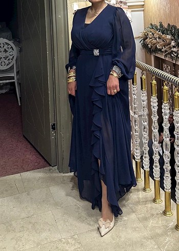 Lacivert Uzun Kollu Drapeli Abiye Elbise - Görsel 3