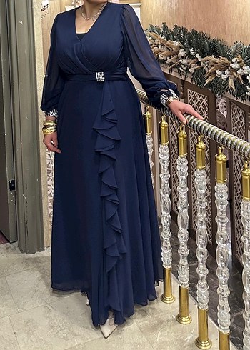 Lacivert Uzun Kollu Drapeli Abiye Elbise - Görsel 4