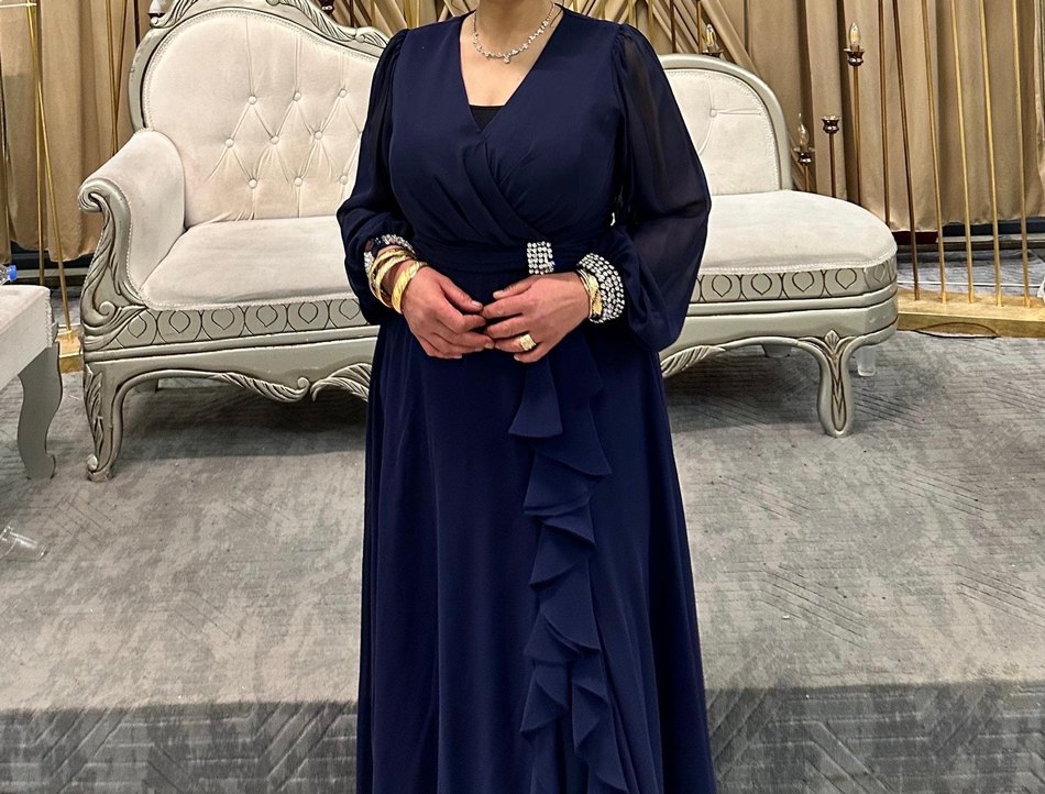 Lacivert Uzun Kollu Drapeli Abiye Elbise - Görsel 2