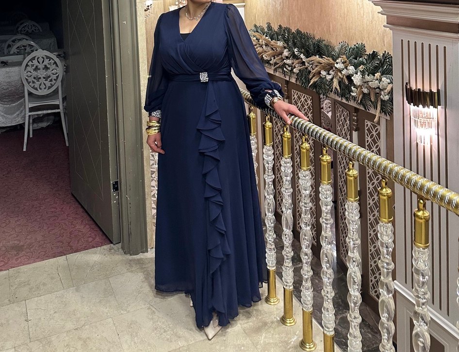 Lacivert Uzun Kollu Drapeli Abiye Elbise - Görsel 4