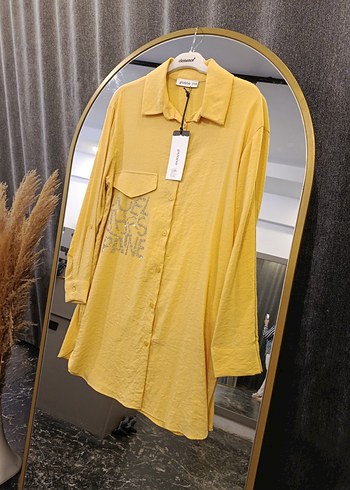 Sarı Düğmeli Oversize Keten Gömlek