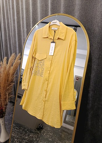 Puane Sarı Düğmeli Oversize Keten Gömlek