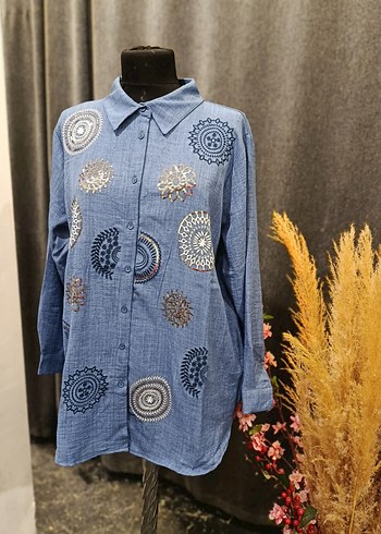 42 Beden Nakışlı Uzun Kollu Denim Gömlek