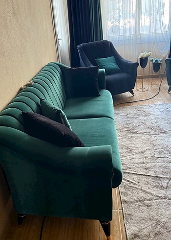 Koyu Yeşil Oturma Odası Takımı ve Perde - Görsel 2