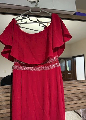 Uzun Kırmızı Drapeli Vintage Abiye Elbise - Görsel 2