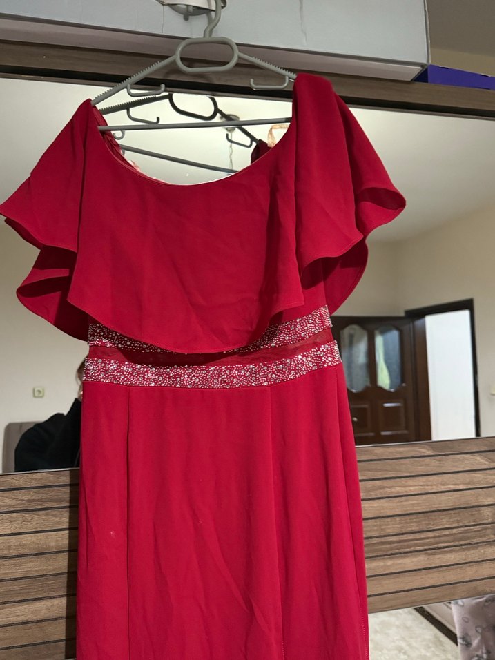 Uzun Kırmızı Drapeli Vintage Abiye Elbise - Görsel 2