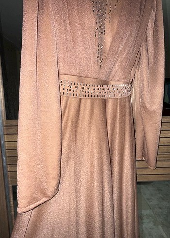 Bej Uzun Kollu Drapeli Abiye Elbise - Görsel 3