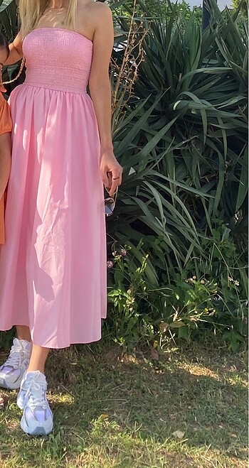 s Beden pembe Renk Straplez Poplin Elbise