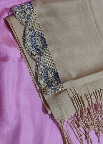 Boncuklu Bej Bohem Kadın Şal - Görsel 5