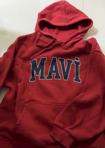 Kırmızı Kapüşonlu Mavi Baskılı Sweatshirt