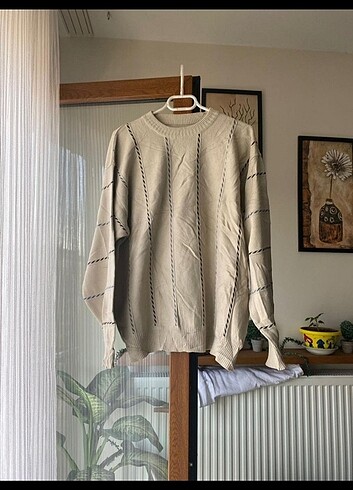 Oversize kazak mavi siyah şeritli bej