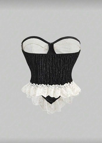 Dantel Detaylı Siyah Beyaz Gotik Büstiyer - Görsel 2