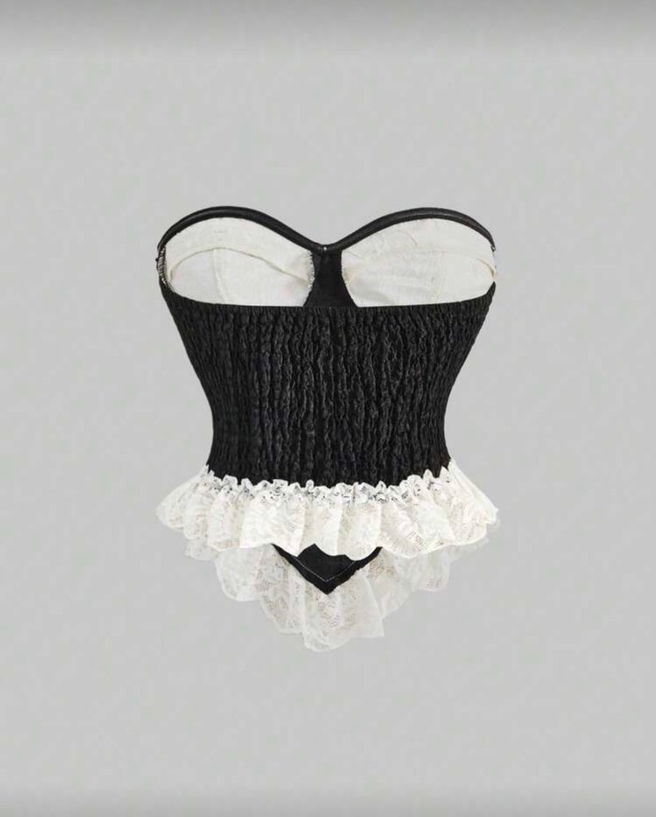 Dantel Detaylı Siyah Beyaz Gotik Büstiyer - Görsel 2