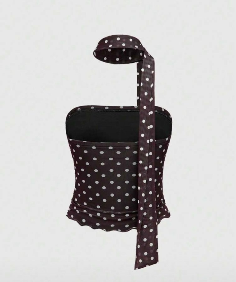 Puantiye Desenli Kahverengi Askılı Büstiyer - Görsel 2