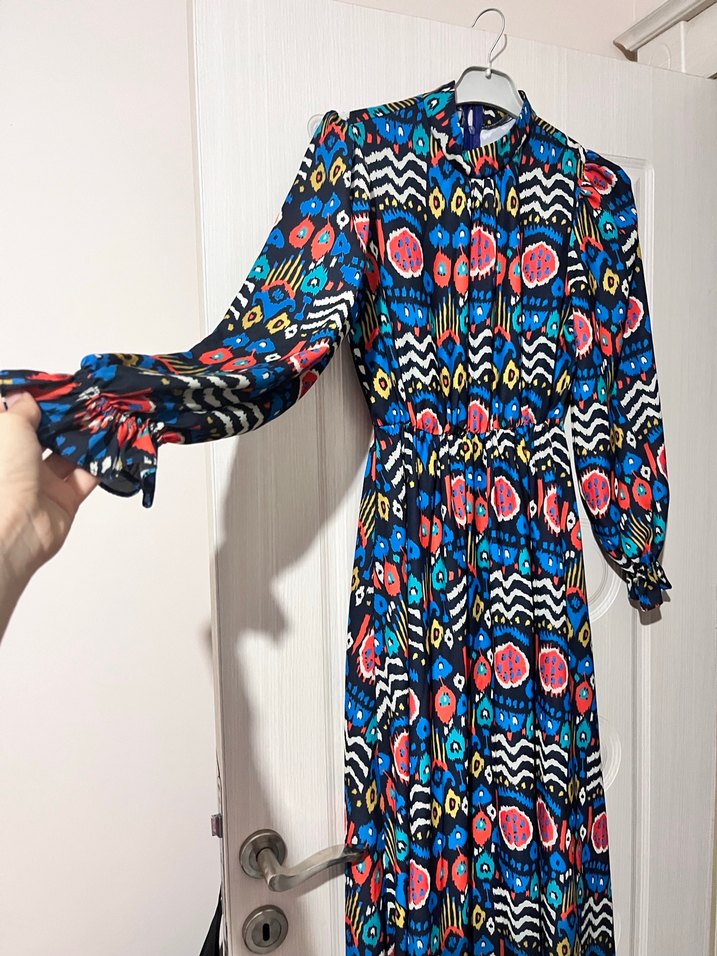 Renkli Bohem Uzun Kollu Pilili Elbise - Görsel 2