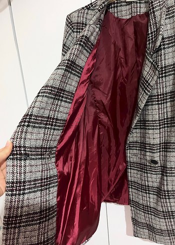 Kadın Gri Ekose Düğmeli Midi Blazer - Görsel 2