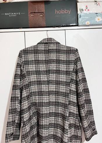 Kadın Gri Ekose Düğmeli Midi Blazer - Görsel 3