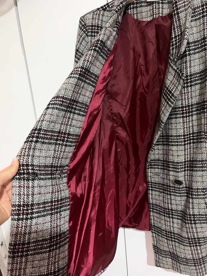 Kadın Gri Ekose Düğmeli Midi Blazer - Görsel 2