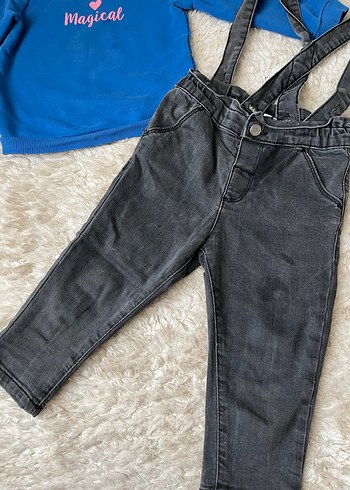 Mavi Uzun Kollu Baskılı Tişört ve Gri Denim Salopet - Görsel 2