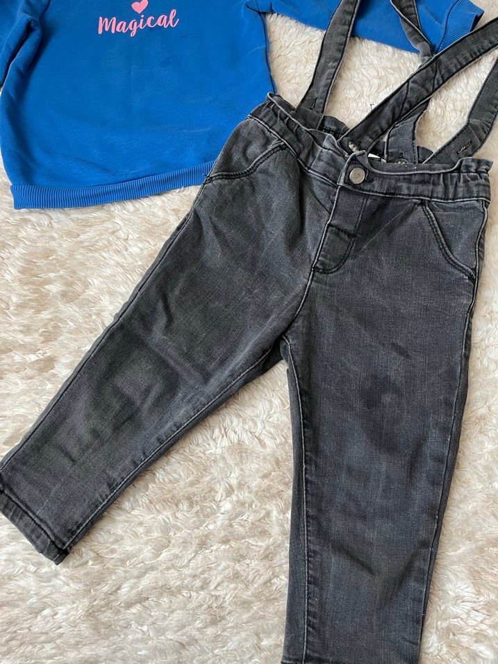 Mavi Uzun Kollu Baskılı Tişört ve Gri Denim Salopet - Görsel 2