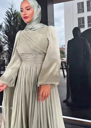 Abiye Bej Drapeli Uzun Kollu Abiye Elbise