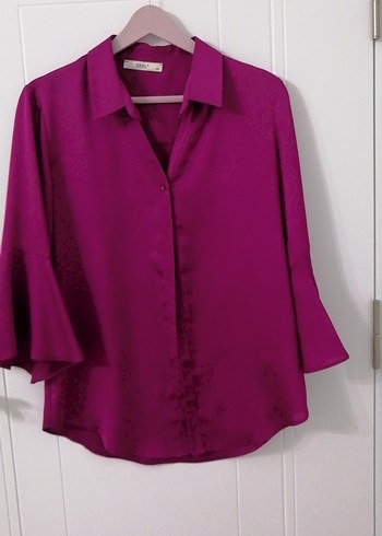 Fuşya V Yaka Düğmeli Kadın Gömlek - Görsel 2