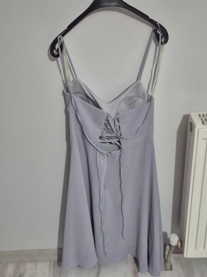 Gri V Yaka Drapeli Midi Abiye Elbise - Görsel 2