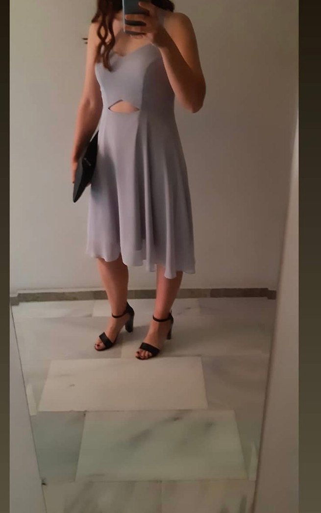 Gri V Yaka Drapeli Midi Abiye Elbise - Görsel 3