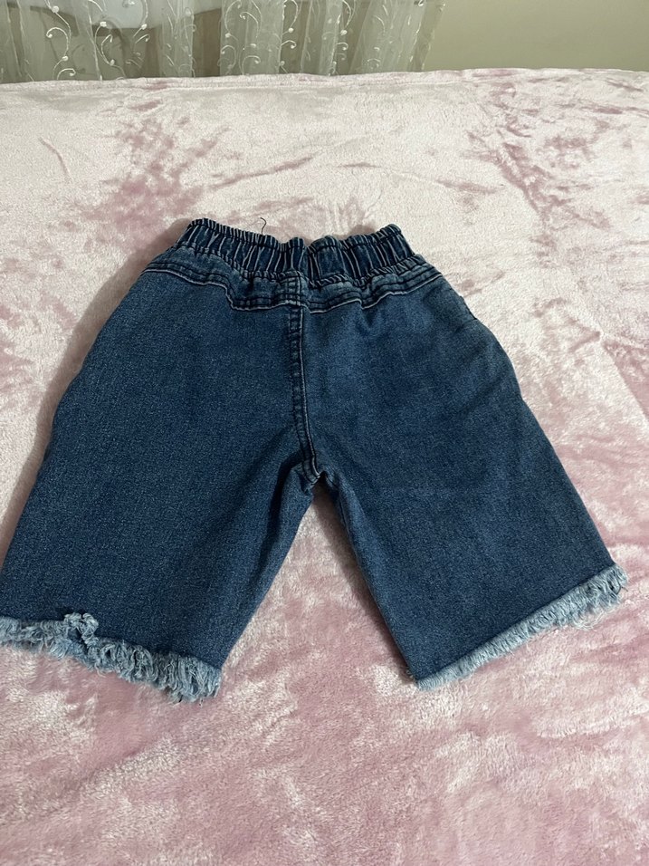 Kız Çocuk Mavi Bağlamalı Desenli Bol Kesim Kot Şort - Görsel 2