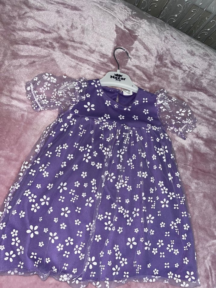 Mor Çiçekli Kız Çocuk Elbise - Görsel 2