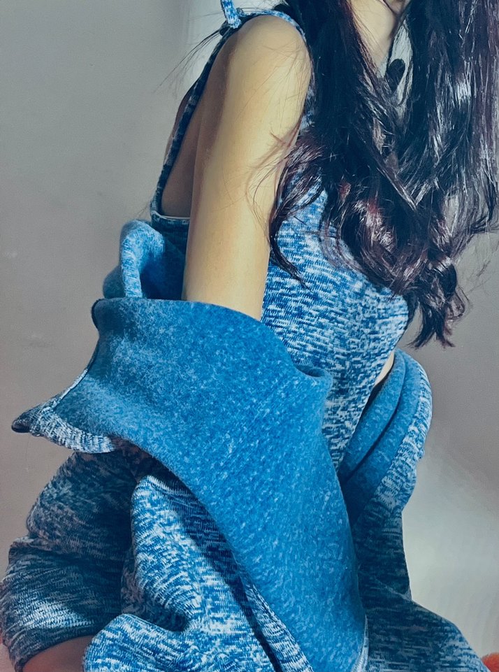 Kadın Mavi Kapüşonlu Örgü Sweatshirt - Görsel 3