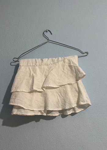 Keten Bej Dantel Geçişli Mini Etek