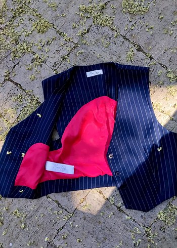 s Beden Lacivert crop yelek pantolon takım