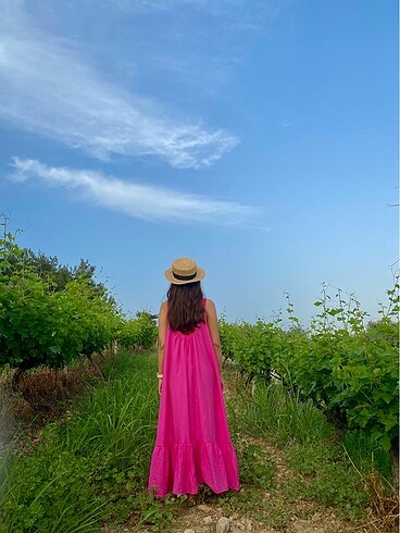 Pembe uzun mango elbise