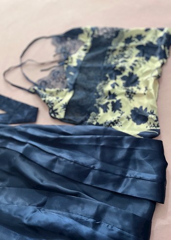 Lacivert Mini Saten Kadın Gecelik Takımı - Görsel 4