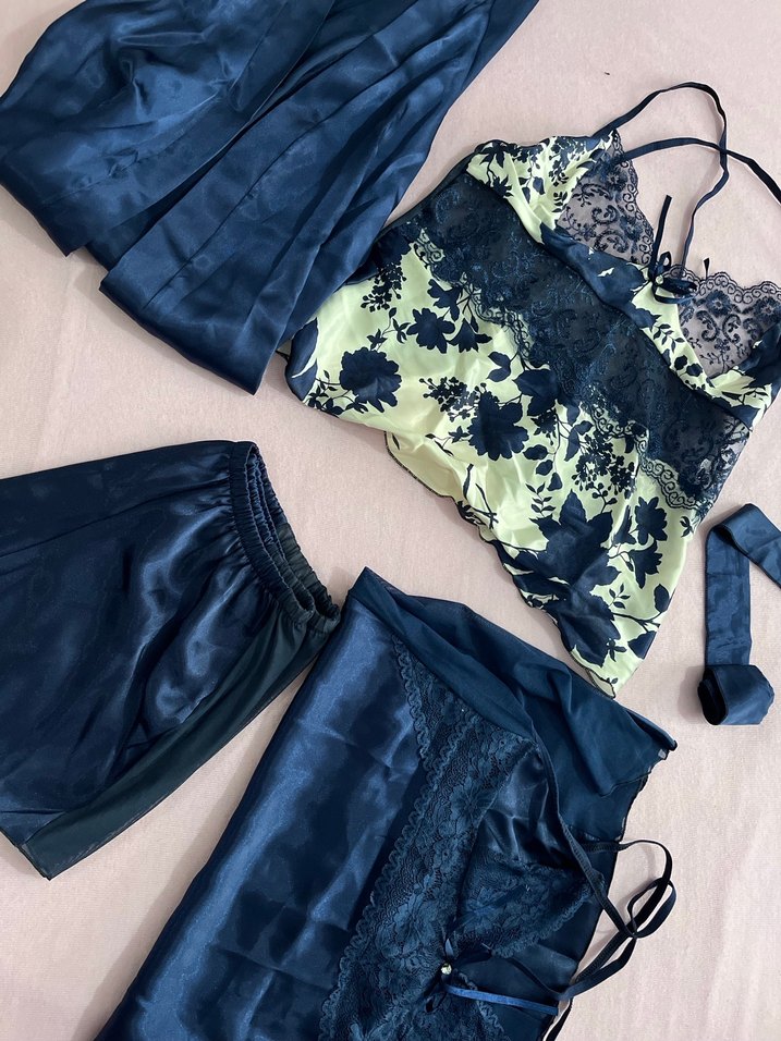 Lacivert Mini Saten Kadın Gecelik Takımı - Görsel 3