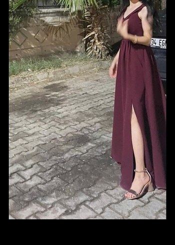 Bordo Uzun Drapeli Gotik Kadın Abiye - Görsel 2