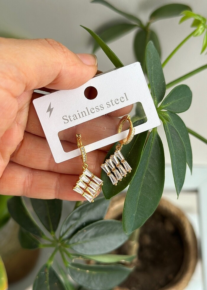 316L Çelik Zirkon Taşlı Baget Küpe - Görsel 2