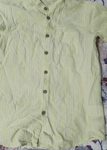 Sarı Kısa Kollu Keten Erkek Gömlek - Görsel 2